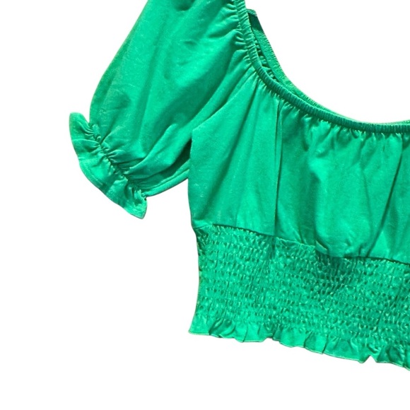Topshop Green Shirred Waist Puff Short Sleeve Crop Top Size 6 New - Picture 3 of 8
